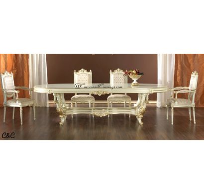 Curves & Carvings White and Gold Victorian Dining Table Set - C&C DTC0082