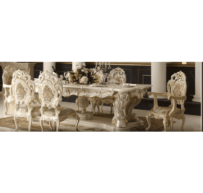 Curves & Carvings White and Gold Victorian Dining Table Set - C&C DTC0747